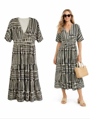 Baltic Born Austin Kimono Maxi Dress Black Cream Smocked Waist Boho L